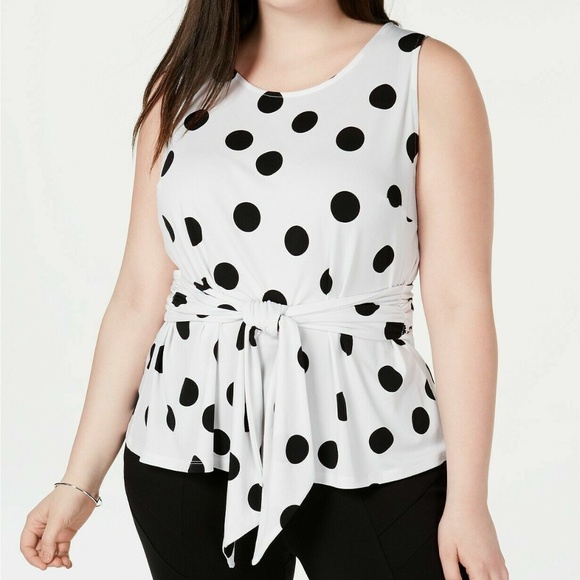 INC International Concepts Tops - INC Women's White/Black Polka Dot Tie Front Sleeveless Dressy Tank Top Plus 0X